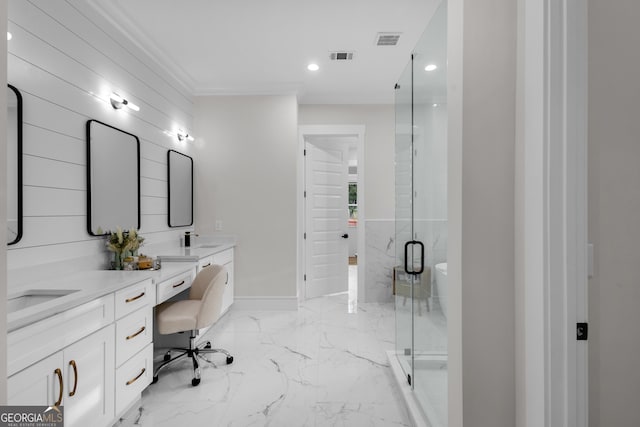 2631 Sardis Way, Buford, GA 30519 - bathroom featuring double vanity, a shower stall, a freestanding tub, marble tiled floors, and recessed lighting