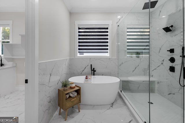 2631 Sardis Way, Buford, GA 30519 - bathroom with a freestanding bath, a marble finish shower, marble tiled floors, tile walls, and a wainscoted wall