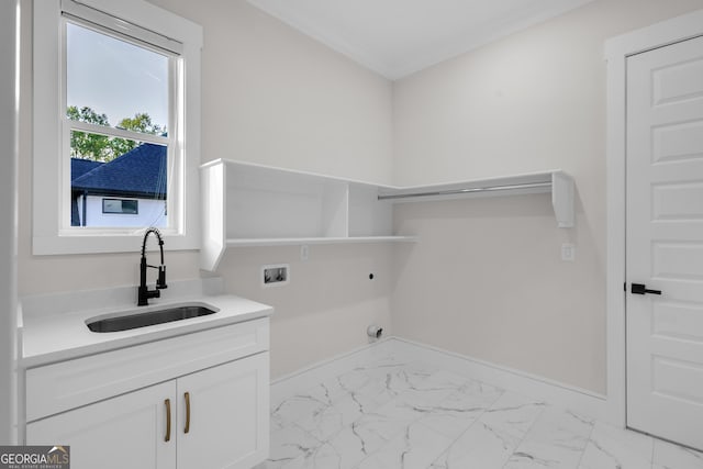 2631 Sardis Way, Buford, GA 30519 - washroom with cabinet space, washer hookup, electric dryer hookup, light marble finish floors, and crown molding