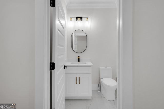 2631 Sardis Way, Buford, GA 30519 - bathroom with crown molding, marble look tile flooring, toilet, vanity, and baseboards
