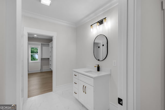 2631 Sardis Way, Buford, GA 30519 - bathroom featuring vanity, crown molding, marble look tiles, and baseboards