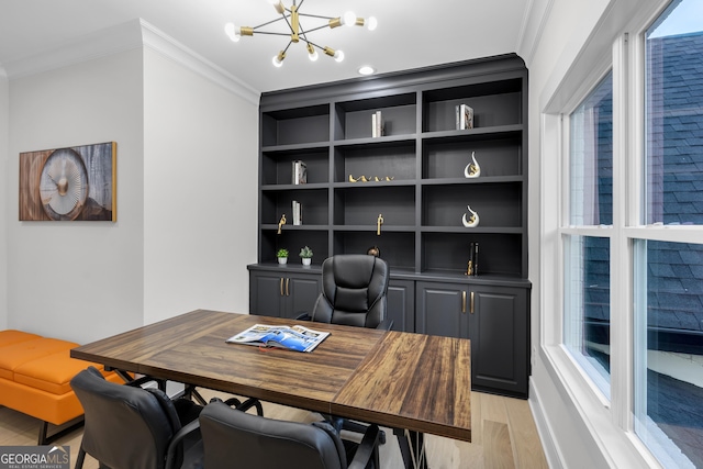 2631 Sardis Way, Buford, GA 30519 - office with ornamental molding, a chandelier, light wood-style flooring, and built in features