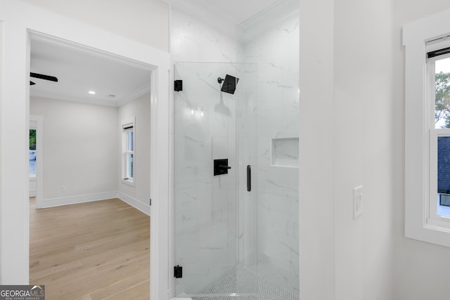 2631 Sardis Way, Buford, GA 30519 - full bath featuring ornamental molding, a marble finish shower, wood finished floors, recessed lighting, and baseboards