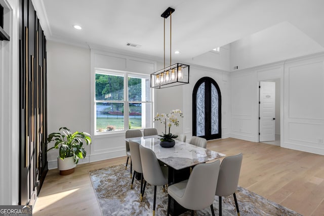 2631 Sardis Way, Buford, GA 30519 - dining area featuring a decorative wall, a chandelier, light wood-style flooring, recessed lighting, and french doors