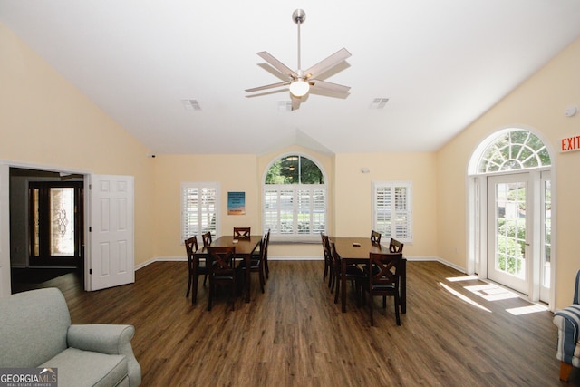 2191 Rockbridge Rd Unit 103, Stone Mountain, GA 30087 - dining area featuring high vaulted ceiling, dark wood finished floors, a ceiling fan, and baseboards