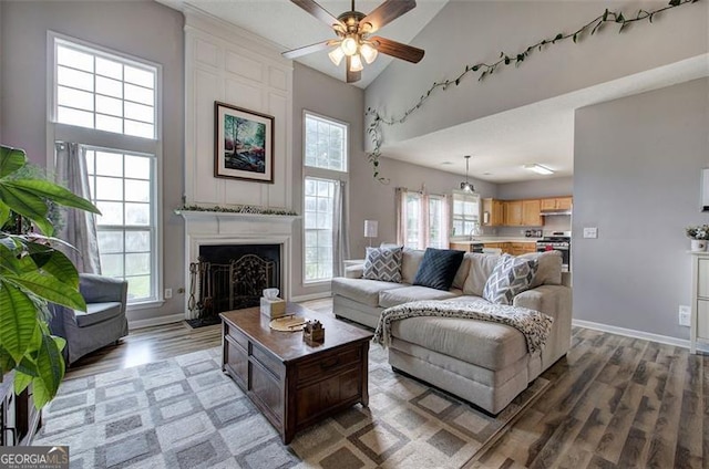 2908 Cottesford Way, Smyrna, GA 30080 - living area with wood finished floors, ceiling fan, high vaulted ceiling, and baseboards