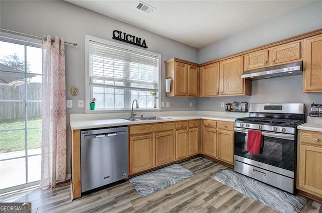 2908 Cottesford Way, Smyrna, GA 30080 - kitchen with stainless steel appliances, under cabinet range hood, a sink, light wood-style flooring, and light countertops