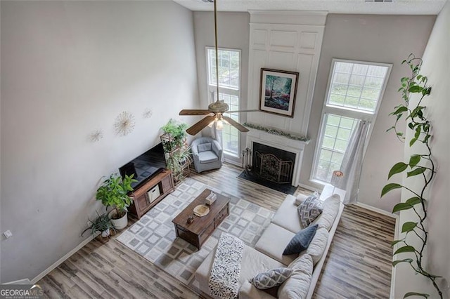 2908 Cottesford Way, Smyrna, GA 30080 - living area with wood finished floors, ceiling fan, baseboards, and a premium fireplace