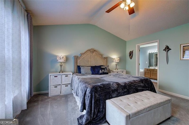2908 Cottesford Way, Smyrna, GA 30080 - bedroom featuring carpet, vaulted ceiling, baseboards, connected bathroom, and a ceiling fan