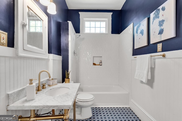 1157 Alta Ave NE, Atlanta, GA 30307 - full bathroom with wainscoting, toilet, shower / washtub combination, tile patterned flooring, and vanity