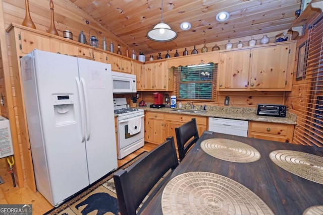 151 Hatchet Trl, Cherry Log, GA 30522 - kitchen with white appliances, a sink, light brown cabinets, light wood finished floors, and wood ceiling