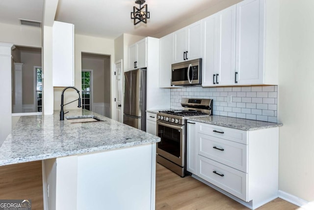 2915 Commonwealth Cir, Alpharetta, GA 30004 - kitchen with stainless steel appliances, a sink, a peninsula, tasteful backsplash, and white cabinetry