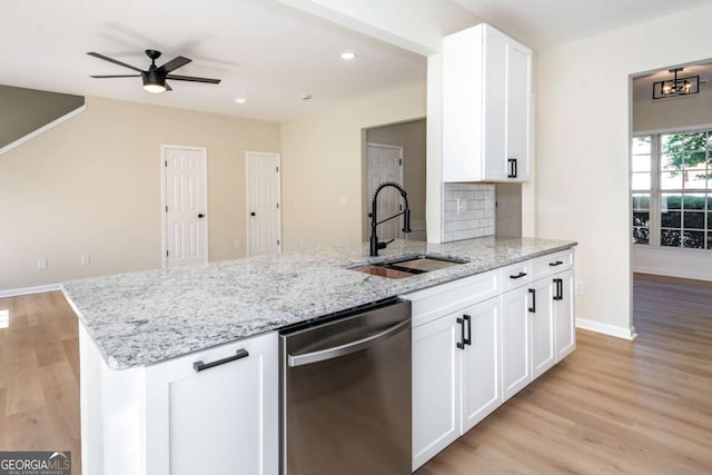 2915 Commonwealth Cir, Alpharetta, GA 30004 - kitchen featuring dishwasher, a sink, ceiling fan, light wood-style flooring, and white cabinets