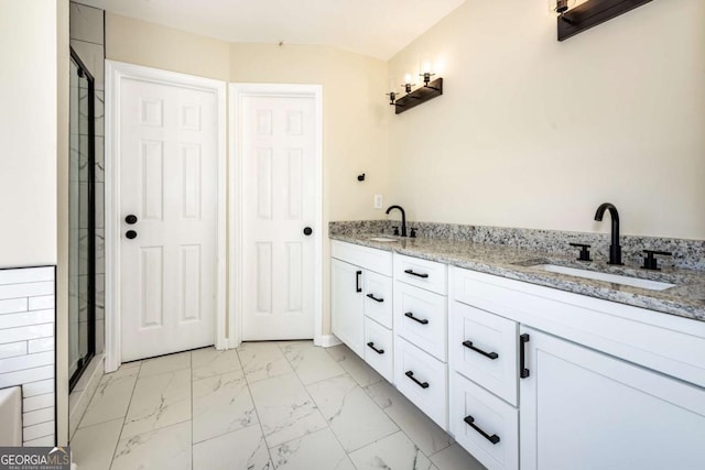 2915 Commonwealth Cir, Alpharetta, GA 30004 - full bathroom featuring marble look tiles, double vanity, and a shower with door