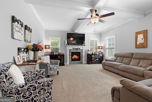 130 Edgewater Trl, Fayetteville, GA 30215 - living area with carpet, ceiling fan, beamed ceiling, coffered ceiling, and ornamental molding