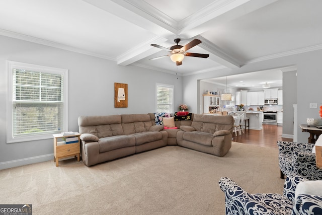 130 Edgewater Trl, Fayetteville, GA 30215 - living room featuring light colored carpet, ornamental molding, beamed ceiling, a ceiling fan, and coffered ceiling