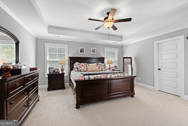 130 Edgewater Trl, Fayetteville, GA 30215 - bedroom with a tray ceiling, crown molding, multiple windows, and light carpet