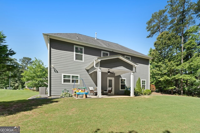 130 Edgewater Trl, Fayetteville, GA 30215 - rear view of house featuring a ceiling fan, a patio, a lawn, and central air condition unit
