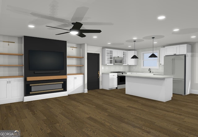 4274 Kimball Rd SW, Atlanta, GA 30331 - kitchen featuring freestanding refrigerator, range, stainless steel microwave, a sink, and dark wood finished floors