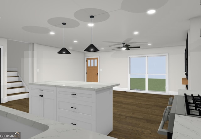 4274 Kimball Rd SW, Atlanta, GA 30331 - kitchen with dark wood-style flooring, white cabinetry, decorative light fixtures, recessed lighting, and ceiling fan