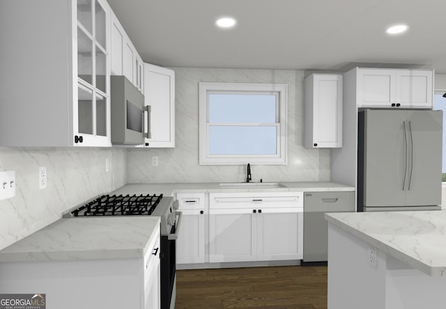 4274 Kimball Rd SW, Atlanta, GA 30331 - kitchen featuring white appliances, a sink, tasteful backsplash, recessed lighting, and glass insert cabinets