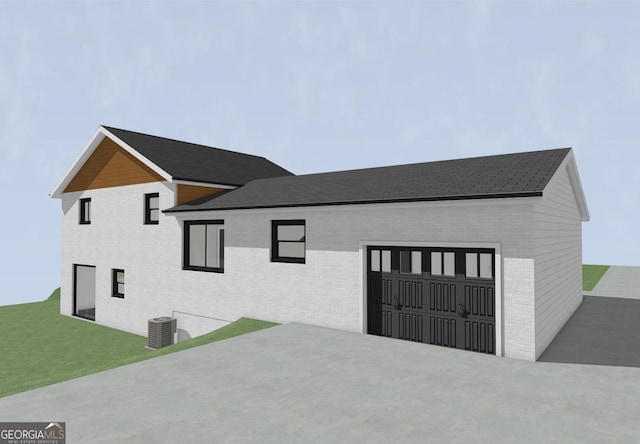 4274 Kimball Rd SW, Atlanta, GA 30331 - modern inspired farmhouse with central AC, brick siding, a garage, a front yard, and a shingled roof