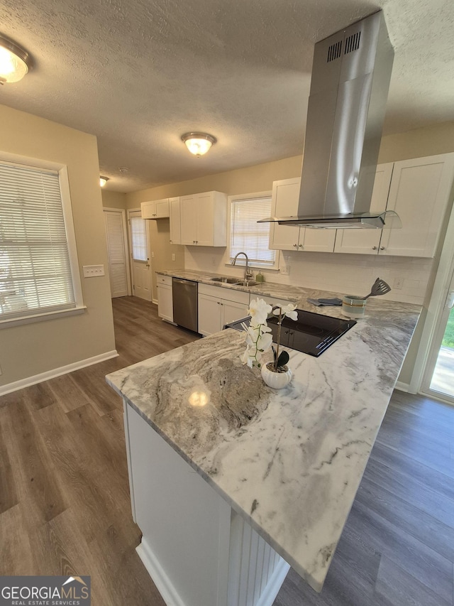 116 Cherokee Rdg, Athens, GA 30606 - kitchen featuring stainless steel dishwasher, a textured ceiling, island range hood, white cabinets, and a peninsula