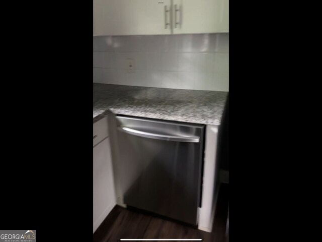 836 Wood St NW, Atlanta, GA 30318 - kitchen featuring dishwasher, backsplash, white cabinets, and dark wood-style flooring