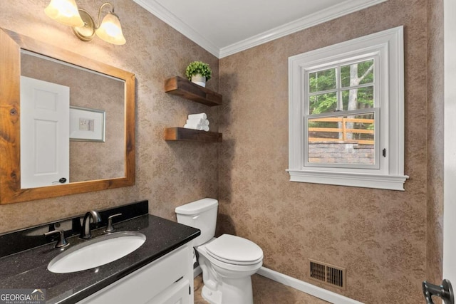 4223 N Mountain Rd NE, Marietta, GA 30066 - bathroom with vanity, toilet, crown molding, baseboards, and tile patterned floors
