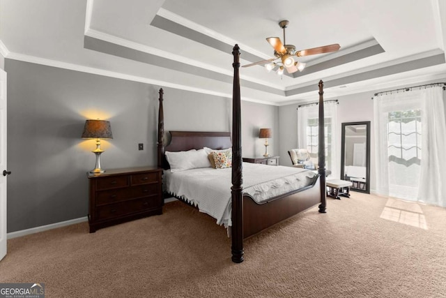 4223 N Mountain Rd NE, Marietta, GA 30066 - bedroom featuring a tray ceiling, carpet, ornamental molding, baseboards, and a ceiling fan