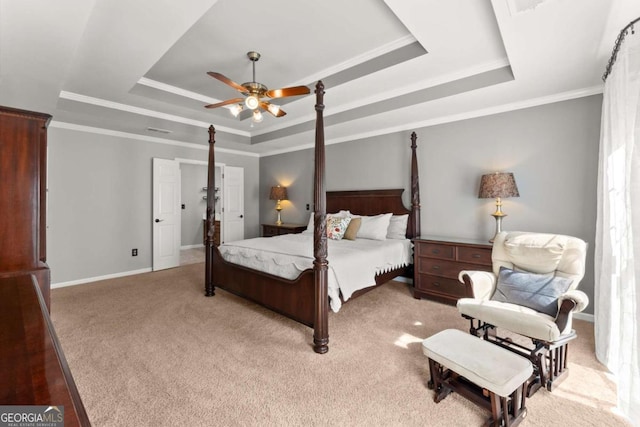 4223 N Mountain Rd NE, Marietta, GA 30066 - bedroom with a raised ceiling, carpet, crown molding, baseboards, and a ceiling fan