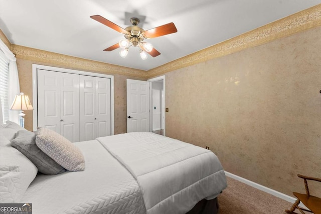 4223 N Mountain Rd NE, Marietta, GA 30066 - carpeted bedroom with a closet, wallpapered walls, baseboards, and ceiling fan