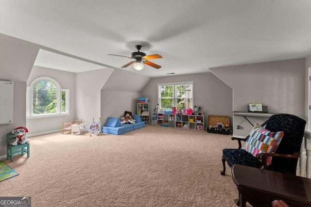 4223 N Mountain Rd NE, Marietta, GA 30066 - recreation room with carpet floors, ceiling fan, vaulted ceiling, and baseboards