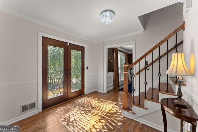 4223 N Mountain Rd NE, Marietta, GA 30066 - entryway featuring french doors, stairway, crown molding, and wood finished floors