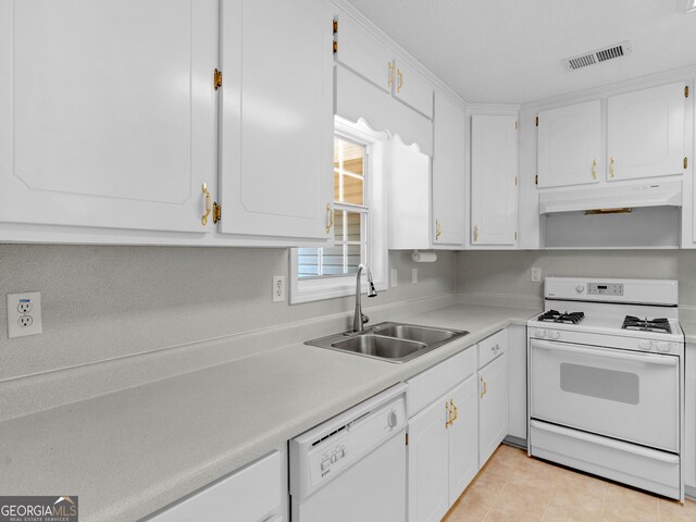 264 Keller Dr, Mcdonough, GA 30252 - kitchen featuring white appliances, a sink, under cabinet range hood, and white cabinetry