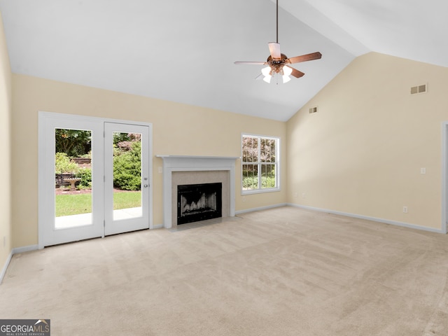 264 Keller Dr, Mcdonough, GA 30252 - unfurnished living room featuring carpet, ceiling fan, high vaulted ceiling, baseboards, and a high end fireplace