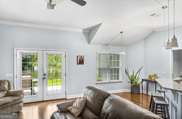326 Daniel Trent Way, Kingsland, GA 31548 - living area featuring french doors, wood finished floors, ceiling fan, baseboards, and vaulted ceiling