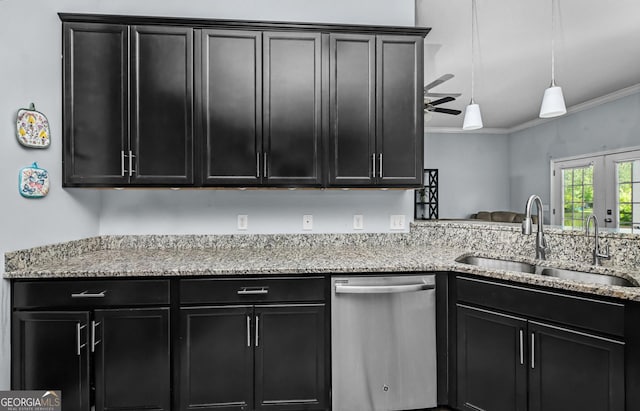 326 Daniel Trent Way, Kingsland, GA 31548 - kitchen featuring stainless steel dishwasher, dark cabinets, a sink, a ceiling fan, and crown molding