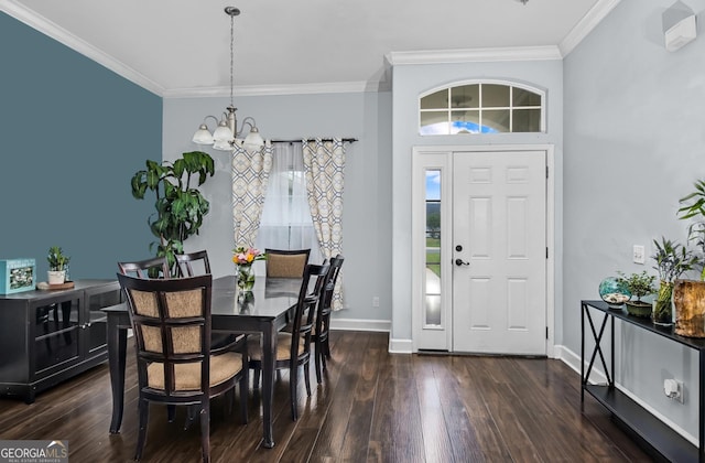 326 Daniel Trent Way, Kingsland, GA 31548 - dining area with a chandelier, crown molding, dark wood-style floors, and baseboards