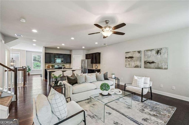 2817 White Oak Ln, Decatur, GA 30032 - living area featuring baseboards, recessed lighting, a ceiling fan, dark wood-style flooring, and stairway