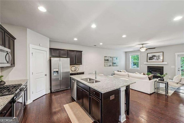 2817 White Oak Ln, Decatur, GA 30032 - kitchen featuring appliances with stainless steel finishes, a sink, ceiling fan, recessed lighting, and dark wood-style floors
