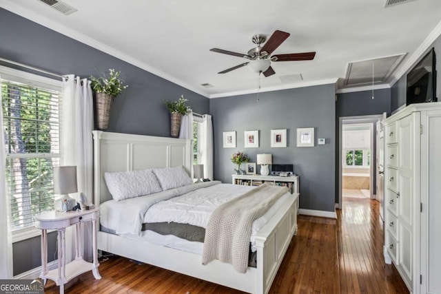3150 Stonewyck Pl, Decatur, GA 30033 - bedroom featuring attic access, dark wood-type flooring, ornamental molding, and a ceiling fan