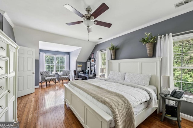 3150 Stonewyck Pl, Decatur, GA 30033 - bedroom with wood-type flooring, lofted ceiling, and a ceiling fan