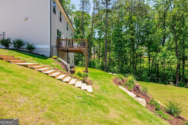 1013 Liberty Springs Dr, Woodstock, GA 30188 - view of green lawn with a wooden deck and stairway