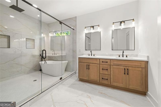 327 Ohm, Avondale Estates, GA 30002 - bathroom featuring marble tiled floors, a marble finish shower, a soaking tub, and double vanity
