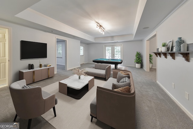 1575 Petal Pt NW, Kennesaw, GA 30152 - living room featuring a raised ceiling, pool table, light carpet, crown molding, and track lighting