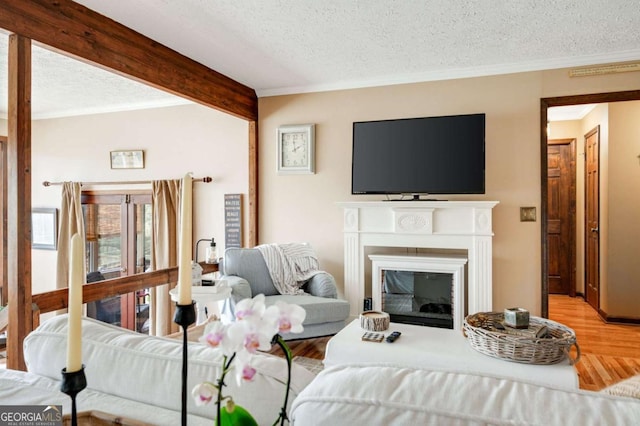 2796 County Line Rd NW, Acworth, GA 30101 - living area featuring a textured ceiling, wood finished floors, ornamental molding, a glass covered fireplace, and beam ceiling