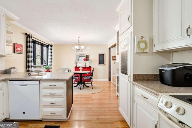 2796 County Line Rd NW, Acworth, GA 30101 - kitchen featuring white appliances, a peninsula, light wood-style flooring, white cabinets, and light countertops