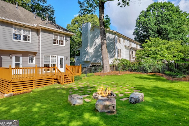 2151 Hamstead Ct, Suwanee, GA 30024 - view of yard featuring an outdoor fire pit and a wooden deck
