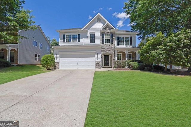 955 Mill Creek Ave, Canton, GA 30115 - traditional home featuring stone siding, concrete driveway, a garage, and a front yard